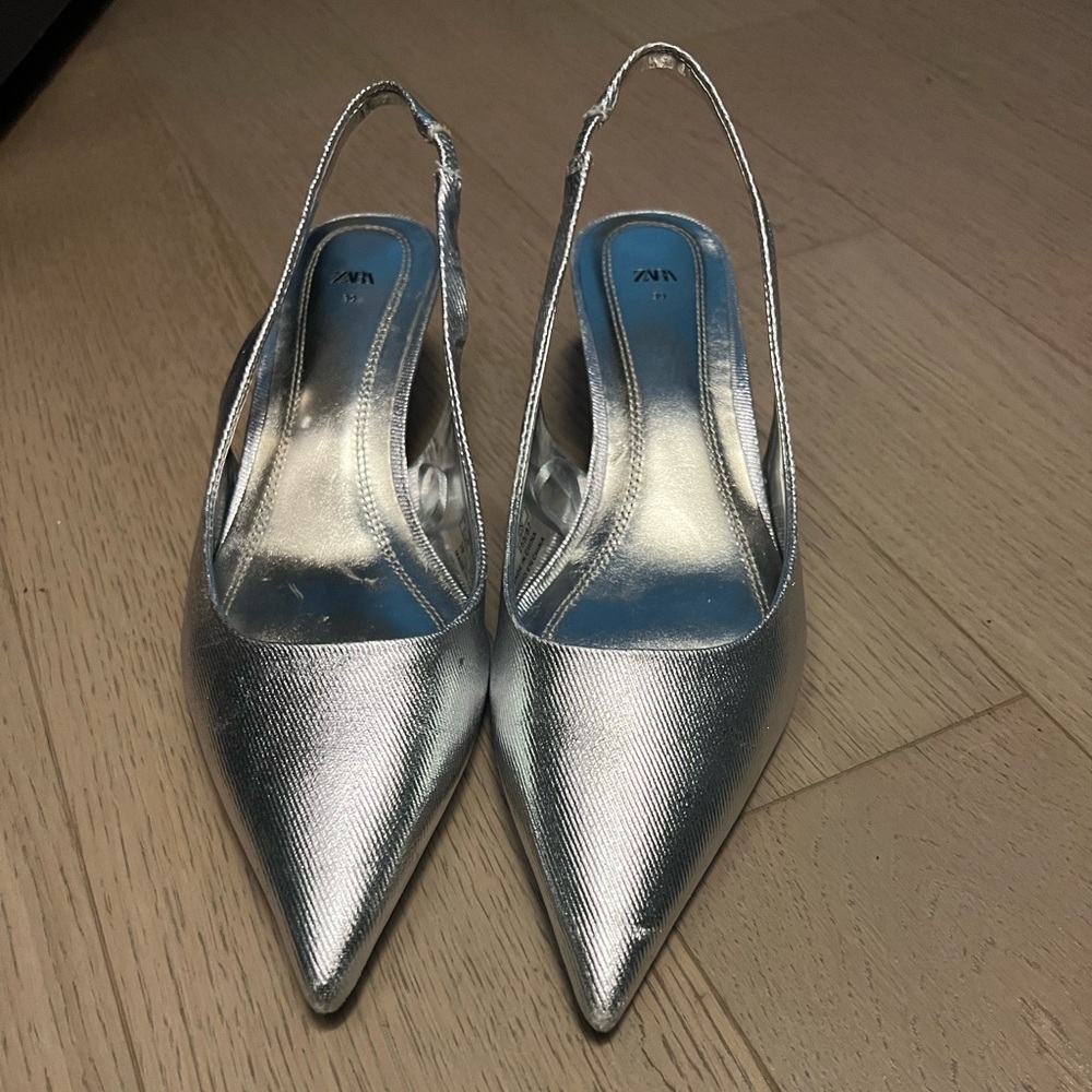 Zara metallic silver kitten heel sling back shoes size 9